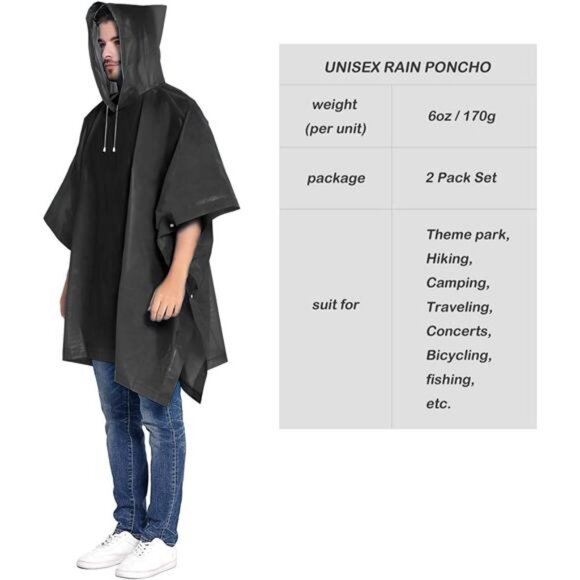 Rain Ponchos for Adults Portable Reusable Raincoat 2 Pack with Drawstring Hood - Picture 4 of 6